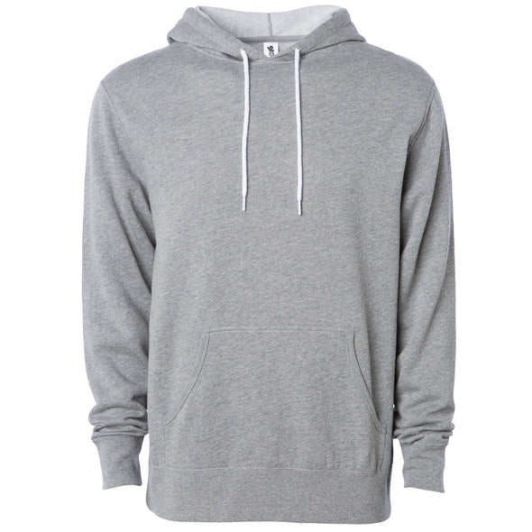 Front of a light gray pullover fleece hoodie with a kangaroo pocket and white drawstrings.