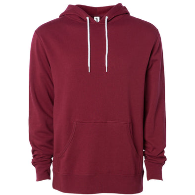 Front of a maroon pullover fleece hoodie with a kangaroo pocket and white drawstrings.
