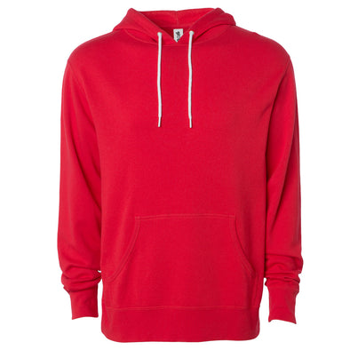Front of a red pullover fleece hoodie with a kangaroo pocket and white drawstrings.