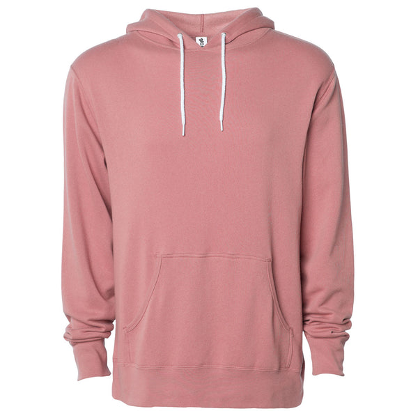 Front of a rose pink pullover fleece hoodie with a kangaroo pocket and white drawstrings.