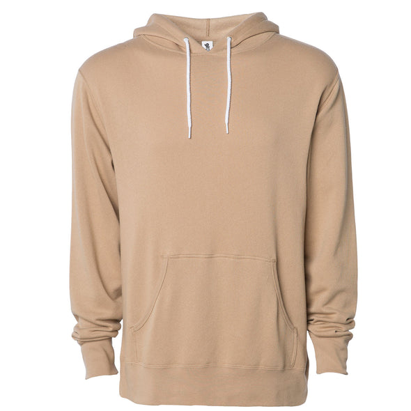 Front of a tan pullover fleece hoodie with a kangaroo pocket and white drawstrings.