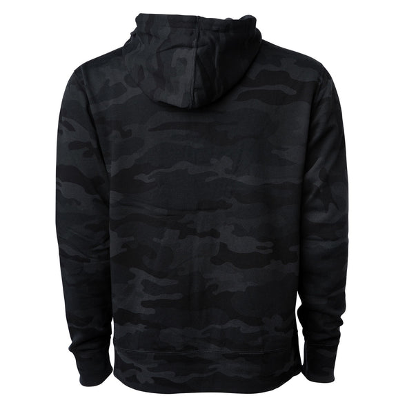 Back of a black camouflage pullover fleece hoodie.