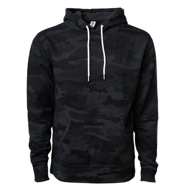Front of a black camouflage pullover fleece hoodie with a kangaroo pocket and white drawstrings.