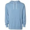 Front of a sky blue pullover fleece hoodie with a kangaroo pocket and white drawstrings.