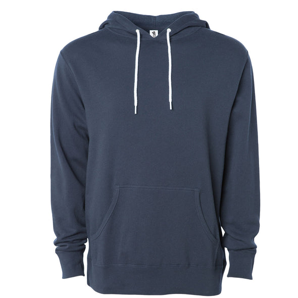 Front of a slate blue pullover fleece hoodie with a kangaroo pocket and white drawstrings.