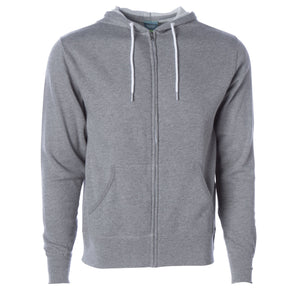 Front of a light gray zip-up fleece hoodie with front pockets and a white drawstring.