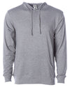 Front of a light gray long sleeve t-shirt jersey hoodie with a matching drawstring and kangaroo pocket.