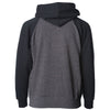 Back of a gray children's zip-up hoodie with black sleeves and hood.
