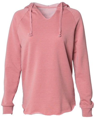 Front of a long sleeve pastel pink pullover hoodie.