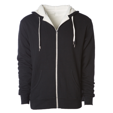 Front of a black zip up sherpa lined hoodie with two drawstrings.