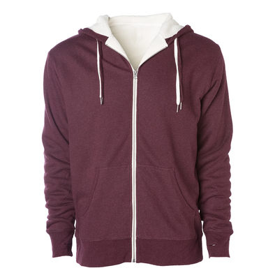 Front of a burgundy zip up sherpa lined hoodie with two drawstrings.