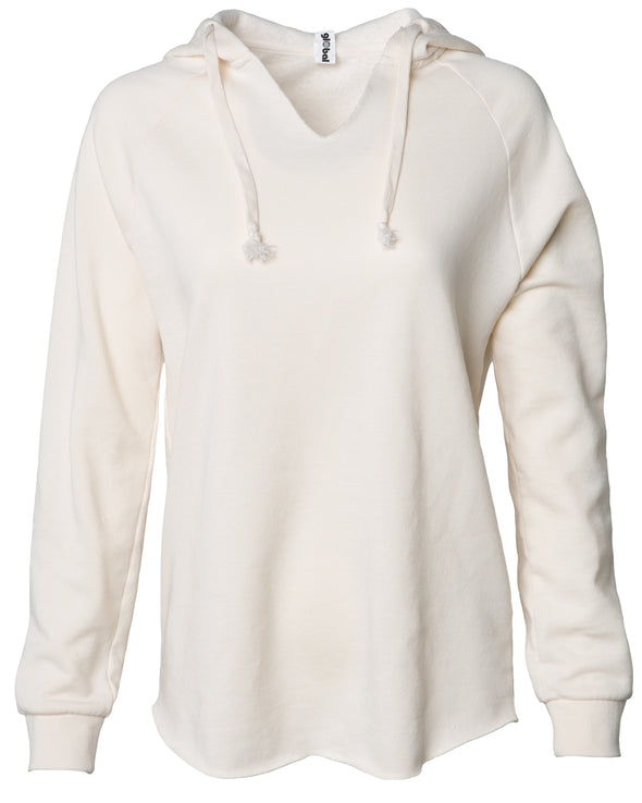 Front of a long sleeve off-white pullover hoodie.