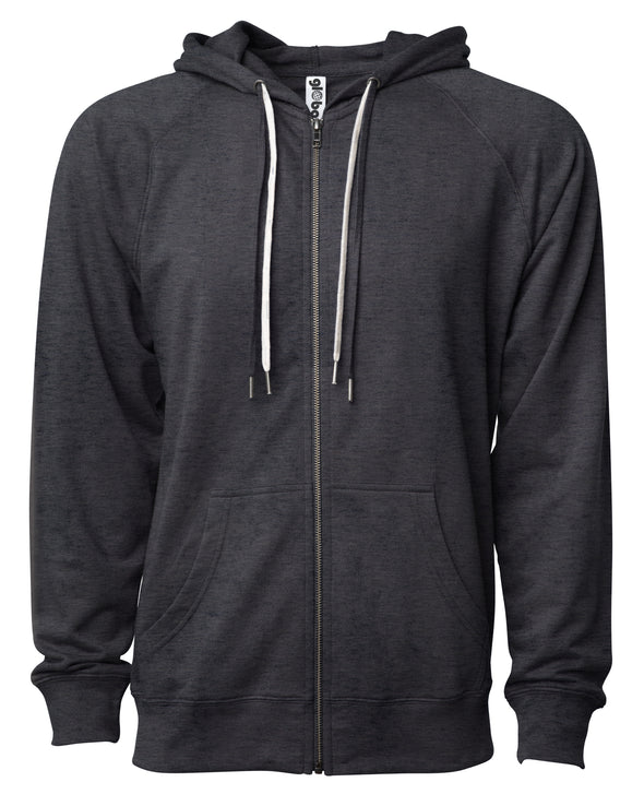 Front of a charcoal gray french terry zip-up hoodie with a kangaroo pocket and two drawstrings.