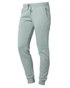 Front of pastel green sweatpants with elastic cuffs and a drawstring waistband.