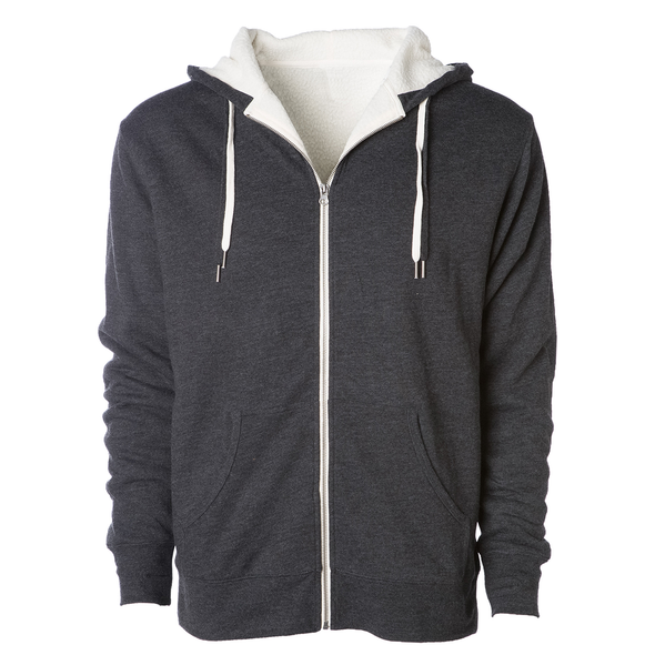 Front of a charcoal gray zip up sherpa lined hoodie with two drawstrings.