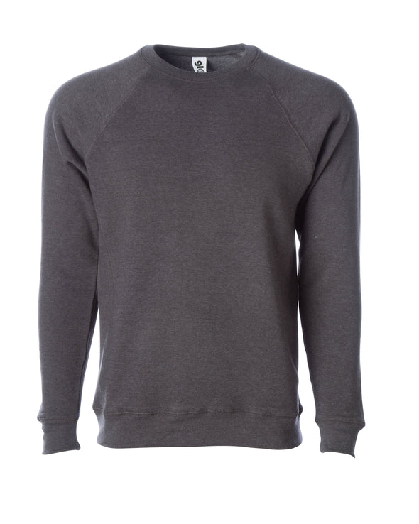 Front of a gray fleece long sleeve crew neck sweater.