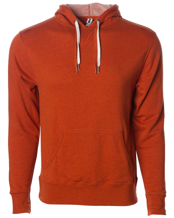 Front of burnt orange french terry pullover hoodie with a kangaroo pocket, two drawstrings, and thumbholes.