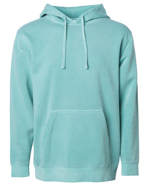 Front of a pastel mint pullover hoodie with a kangaroo pocket.