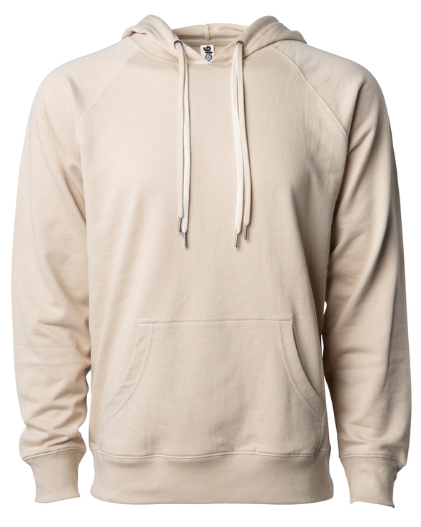 Front of a beige french terry pullover hoodie with a kangaroo pocket and two drawstrings.