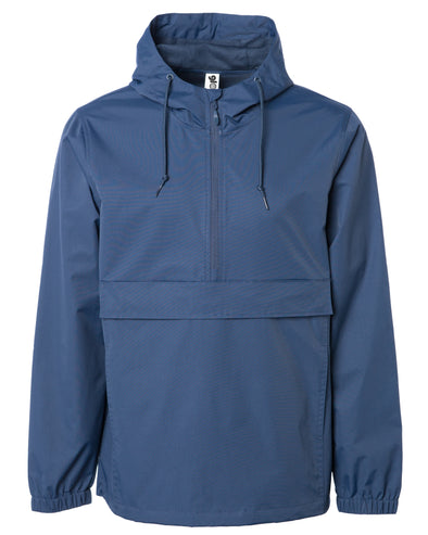 Front of a navy blue rain jacket with a hood and kangaroo pouch.
