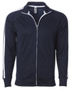 Front of a navy zip-up track jacket with two vertical white stripes along the sleeves and an open collar.