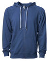 Front of a navy french terry zip-up hoodie with a kangaroo pocket and two drawstrings.