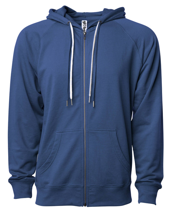 Front of a navy french terry zip-up hoodie with a kangaroo pocket and two drawstrings.