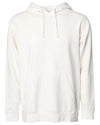 Front of a white pullover hoodie with a kangaroo pocket.