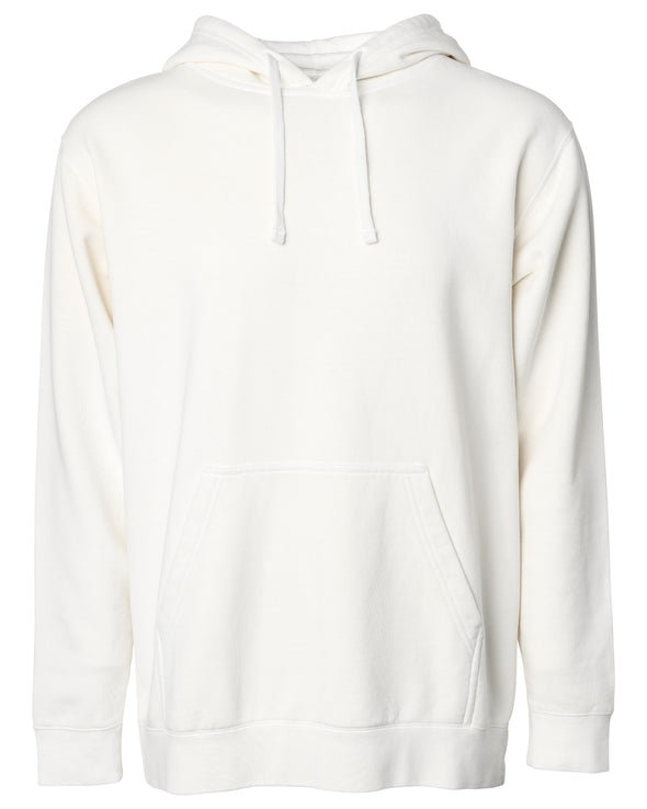 Front of a white pullover hoodie with a kangaroo pocket.