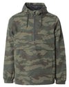 Front of a green camouflage rain jacket with a hood and kangaroo pouch.