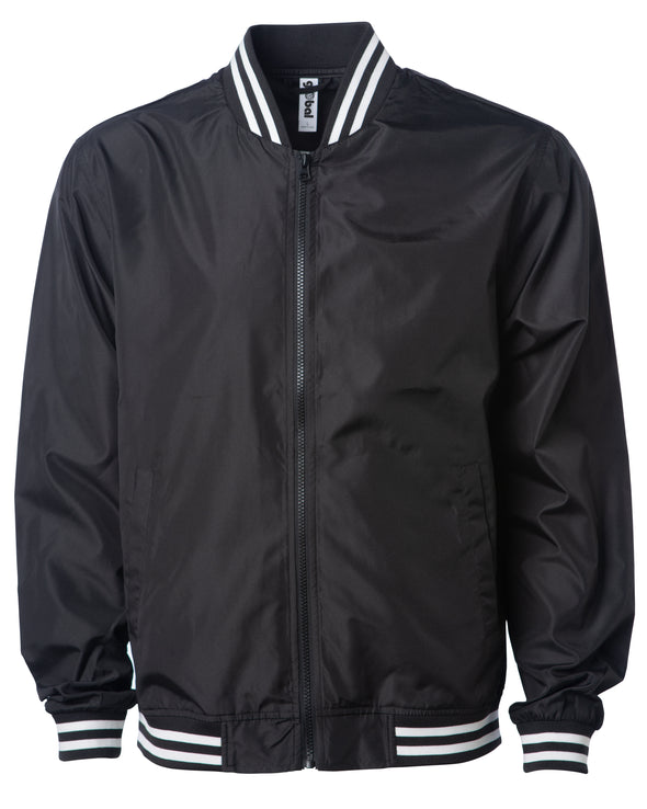 Front of a black zip-up bomber jacket with front pockets and striped elastic cuffs.