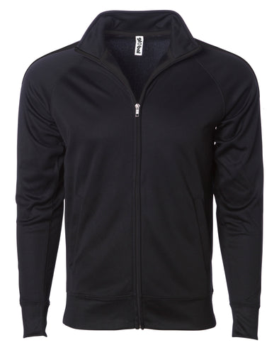 Front of a solid black zip-up track jacket and an open collar.