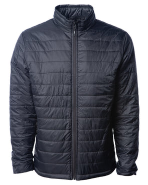 Front of a black zip-up puffer jacket.