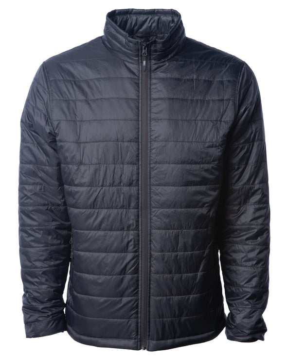 Front of a black zip-up puffer jacket.