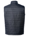 Back of a black puffer vest.