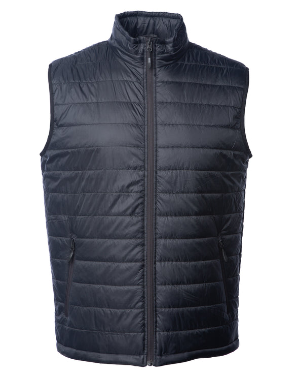 Front of a black puffer vest with two zipper pockets.