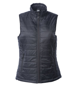 Front of a woman's black puffer vest.