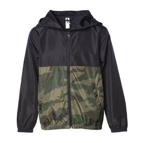 Front of a children's zip-up windbreaker hoodie with two pockets. The windbreaker's top-half is black and bottom-half is green camouflage.