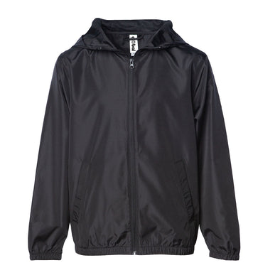 Front of a solid black children's zip-up windbreaker hoodie with two pockets.