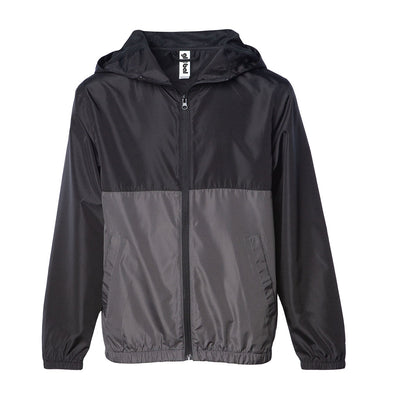 Front of a children's zip-up windbreaker hoodie with two pockets. The windbreaker's top-half is black and bottom-half is gray.