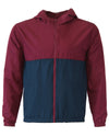 Front of a children's zip-up windbreaker hoodie with two pockets. The windbreaker's top-half is maroon and bottom-half is navy.