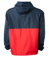 Back of a red and navy blue pullover windbreaker with a hood and elastic cuffs.