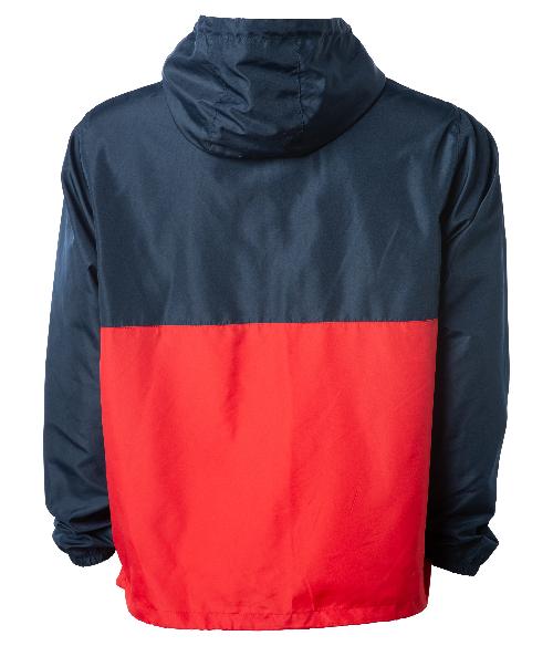 Back of a red and navy blue pullover windbreaker with a hood and elastic cuffs.