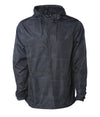 Front of a black camouflage pullover windbreaker with a half zipper, hood, and elastic cuffs.