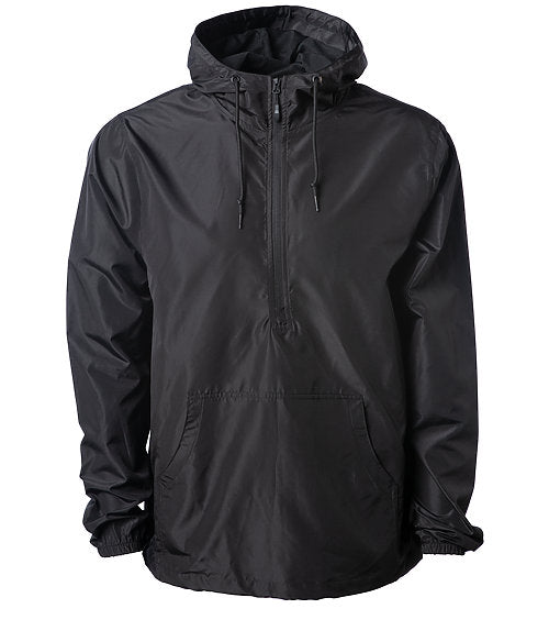 Front of a black pullover windbreaker with a half zipper, hood, and elastic cuffs.