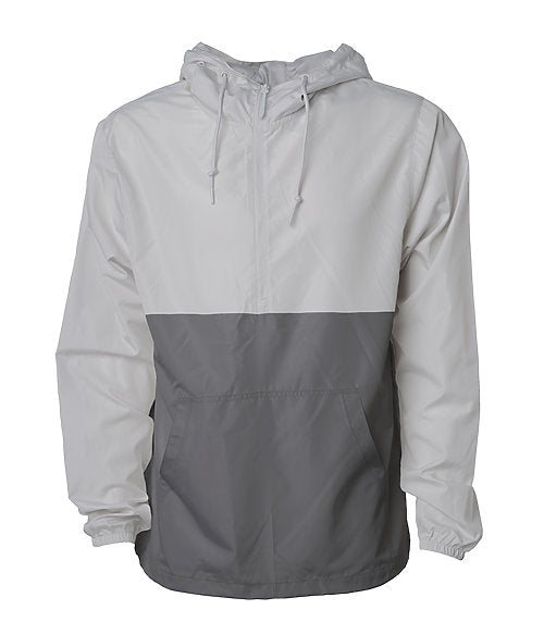 Front of a gray and dark gray pullover windbreaker with a half zipper, hood, and elastic cuffs.