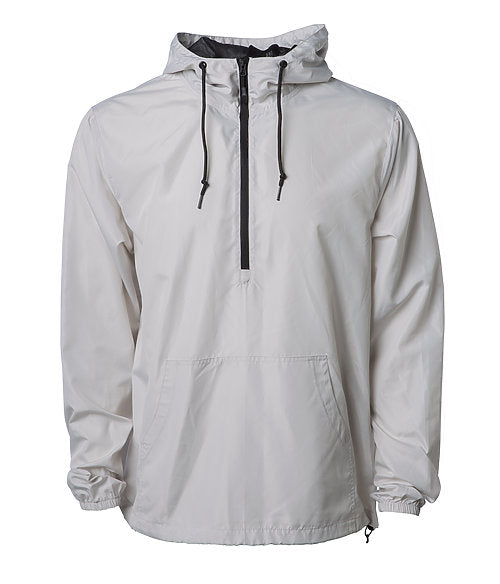 Front of a light gray pullover windbreaker with a half zipper, hood, and elastic cuffs.