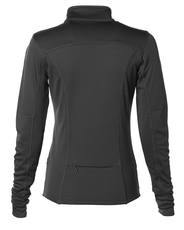 Back of black yoga jacket with a zipper stash pocket.