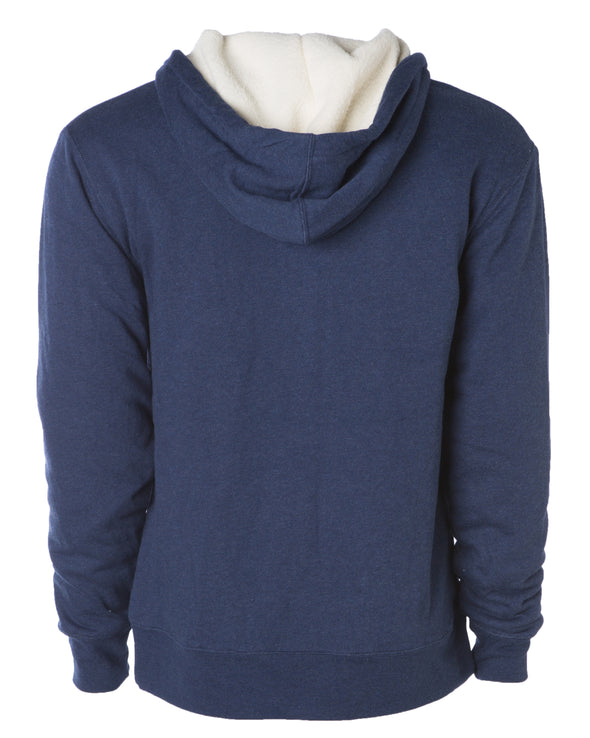 Back of a navy blue zip up sherpa lined hoodie with two drawstrings.