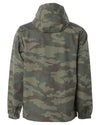 Back of a green camouflage rain jacket with a hood.